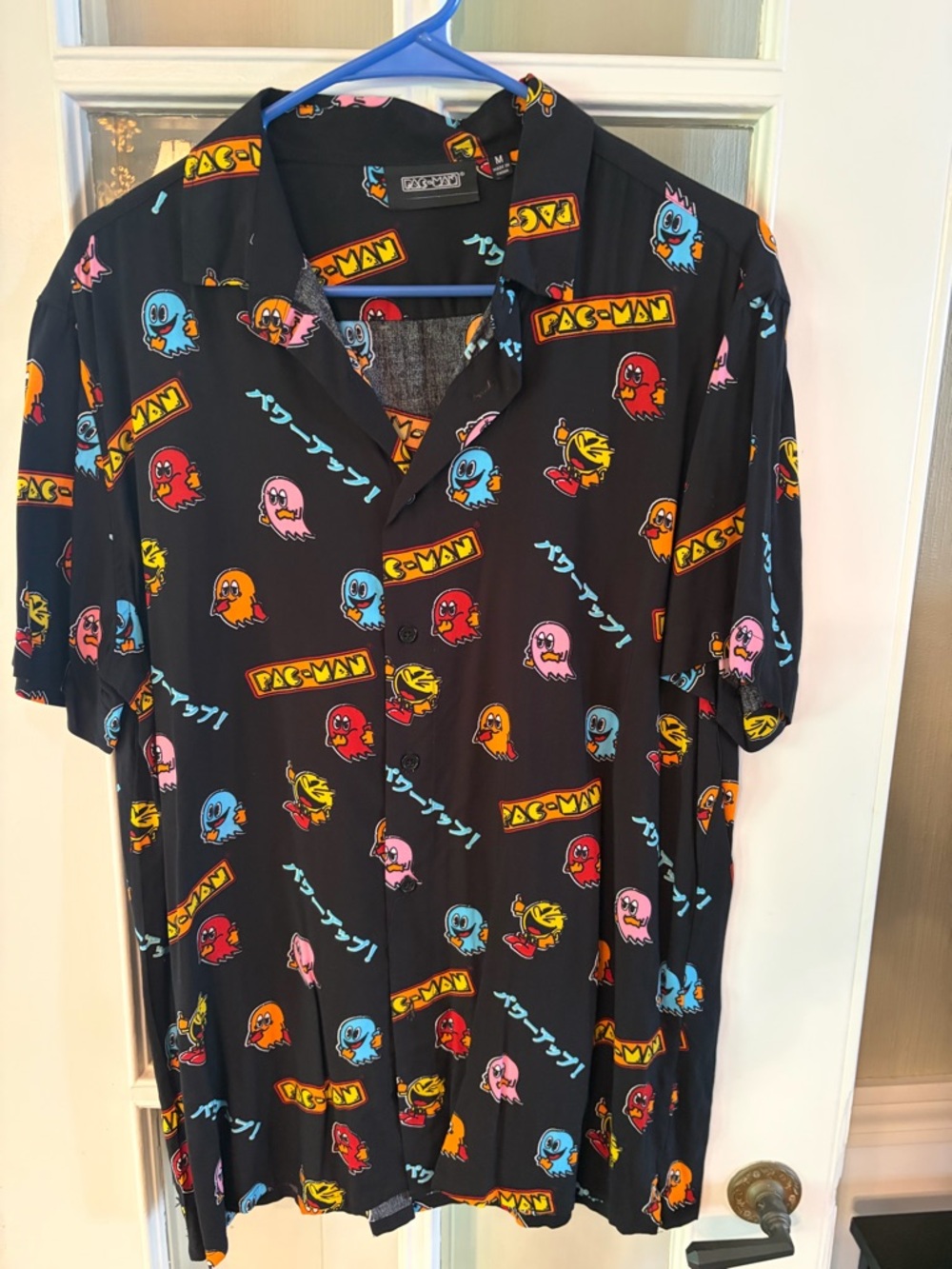 Black Short-Sleeve Pac-Man Button-Up Shirt